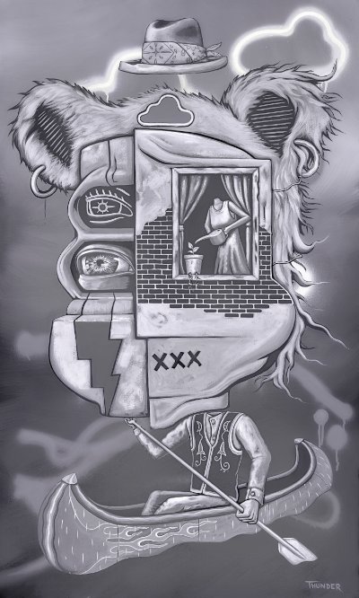 A grayscale painting depicting a figure with a large bear head wearing a vest in a canoe. The head is made of sections which contain eyes, a thunder bolt, a window with a headless figure watering a plant. A tiny hat floats above the head.